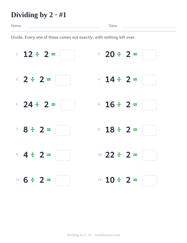 Twelve division equations, each a multiple of 2 divided by 2, ending in an empty answer box (set 1).