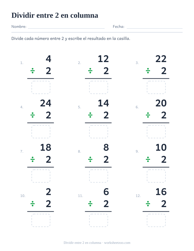 Doce divisiones en vertical en una cuadrícula de tres por cuatro, con un múltiplo de 2 sobre 2 y una casilla bajo la raya.