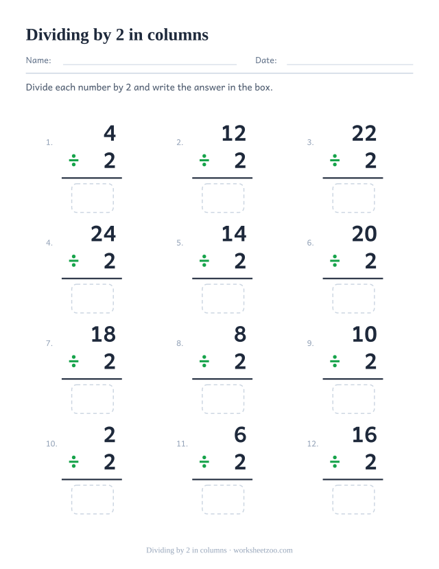 Twelve vertical divisions in a three by four grid, each a multiple of 2 over 2, with an answer box under the rule.