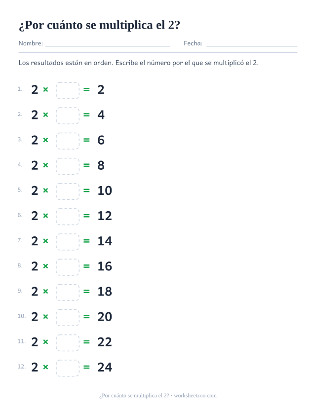 Doce renglones con 2 x casilla = resultado impreso, en orden de 2 hasta 24.
