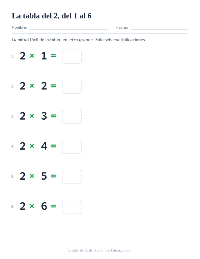 Seis operaciones grandes de 2 x 1 a 2 x 6 muy separadas, cada una con una casilla de respuesta.