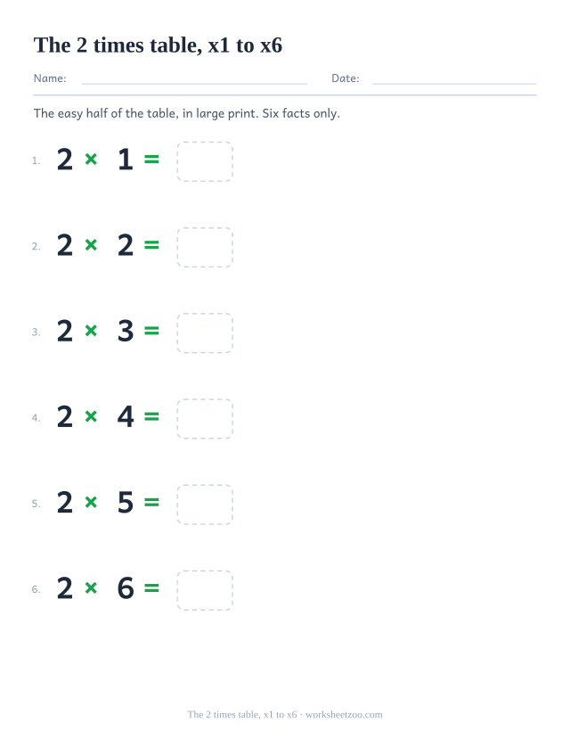 Six large equations from 2 x 1 to 2 x 6, widely spaced down the page, each with an answer box.