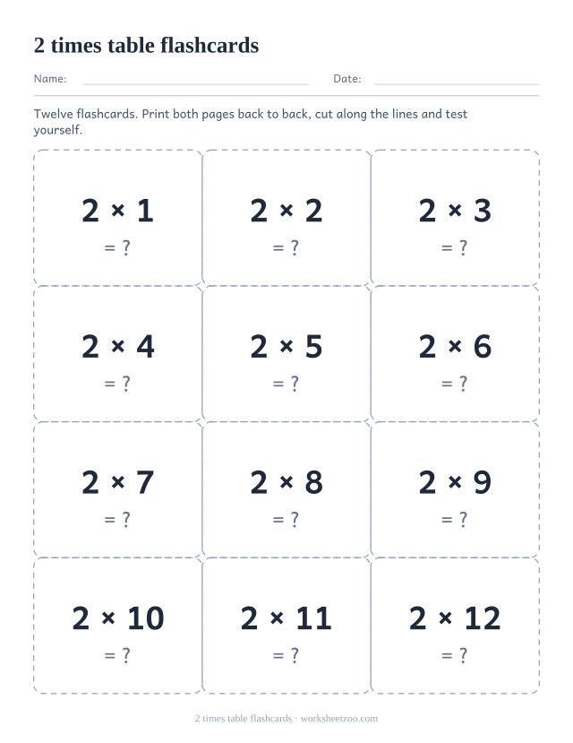 Twelve dashed cut-out cards, three across and four down, each showing one fact of the 2 times table with a question mark.