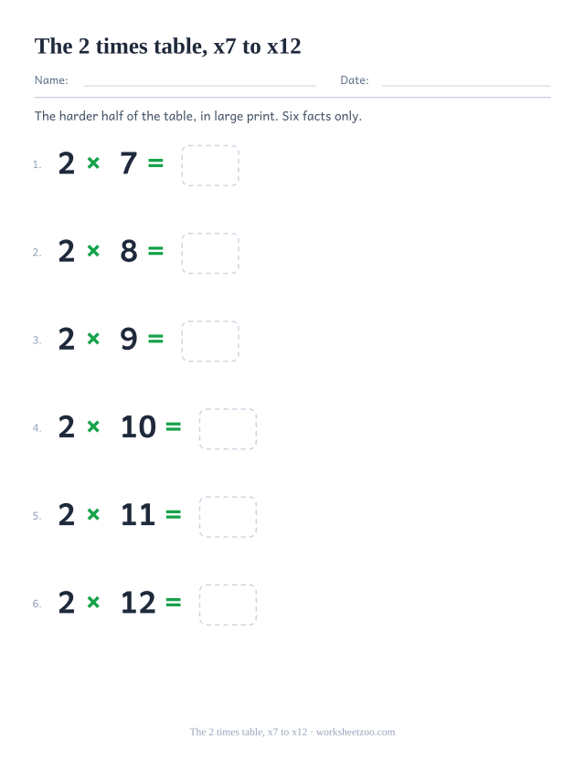 Six large equations from 2 x 7 to 2 x 12 spaced down the page, each ending in an empty box.
