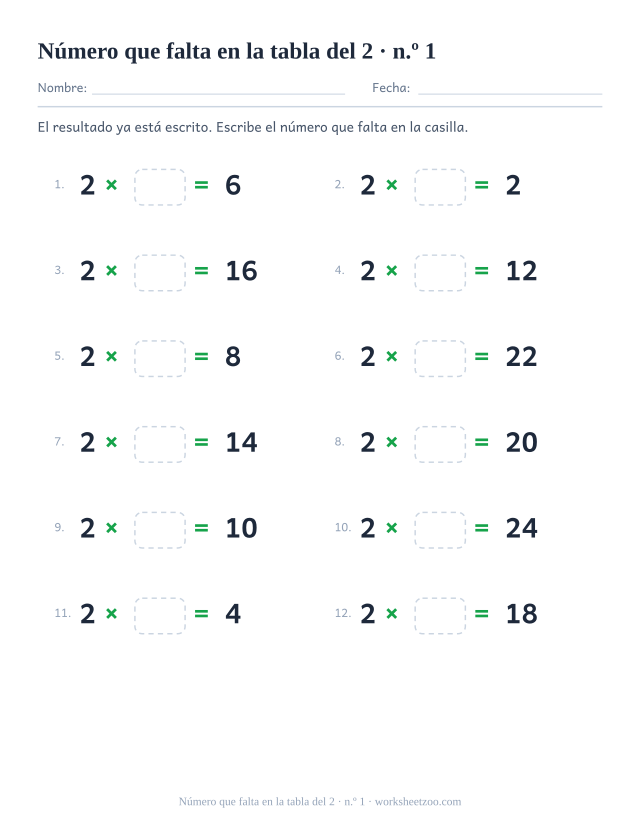 Doce operaciones con 2 x casilla vacía = resultado impreso, en dos columnas de seis (juego 1).