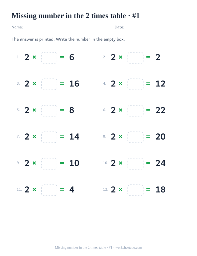 Twelve equations reading 2 x empty box = a printed product, in two columns of six (set 1).