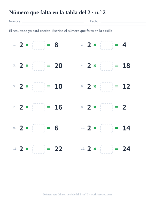 Doce operaciones con 2 x casilla vacía = resultado impreso, en dos columnas de seis (juego 2).
