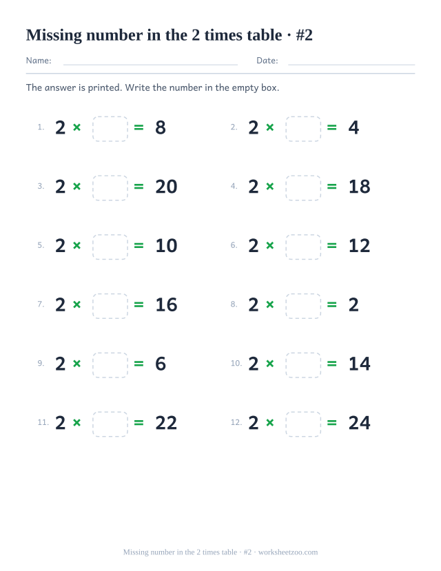 Twelve equations reading 2 x empty box = a printed product, in two columns of six (set 2).