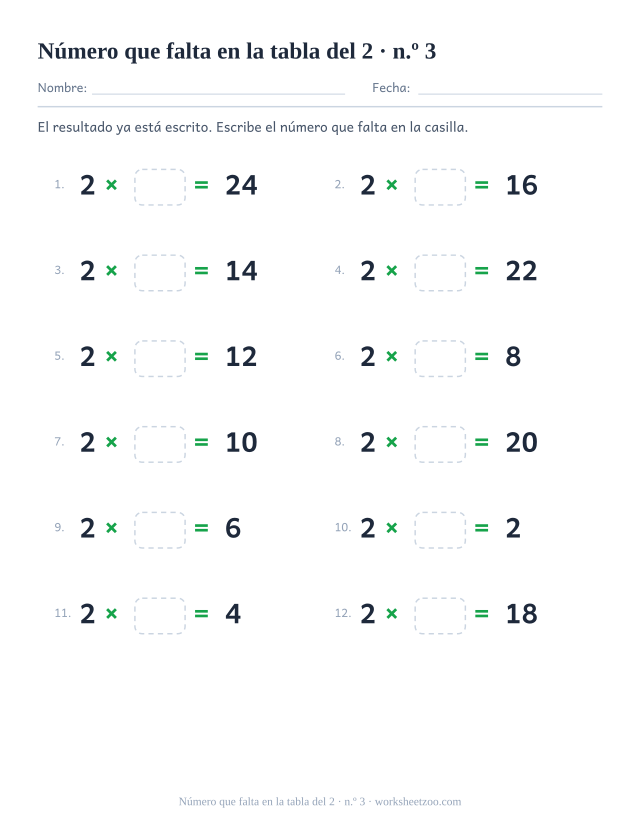 Doce operaciones con 2 x casilla vacía = resultado impreso, en dos columnas de seis (juego 3).