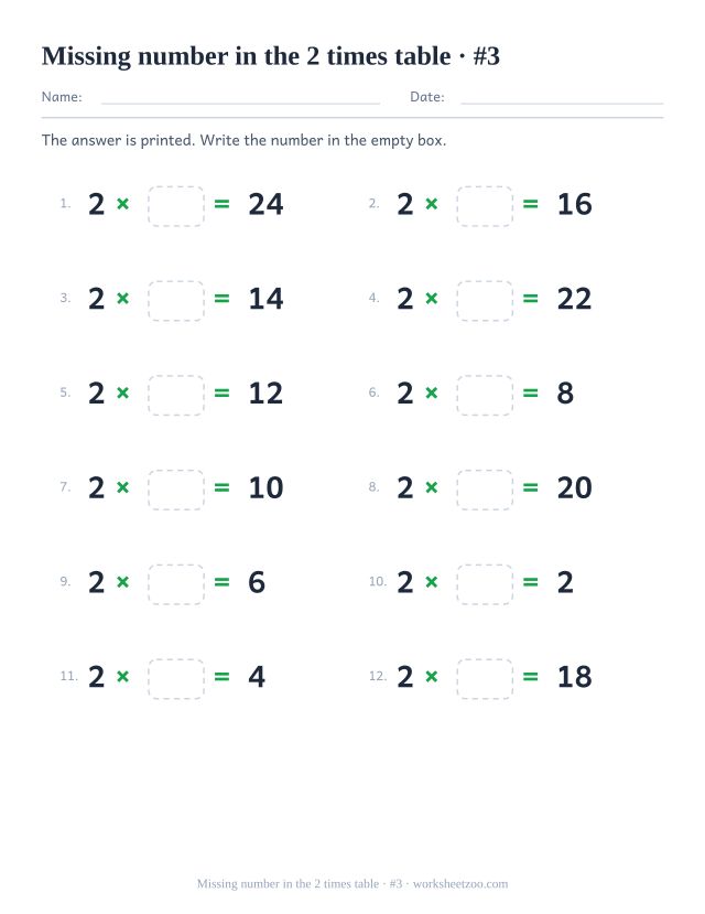 Twelve equations reading 2 x empty box = a printed product, in two columns of six (set 3).