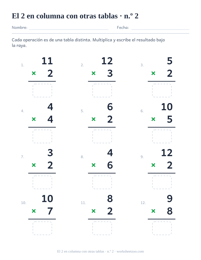 Doce multiplicaciones en vertical de tablas mezcladas, la mitad con el 2, cada una con raya y casilla vacía (juego 2).