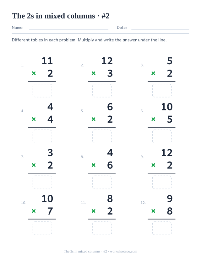 Twelve vertical multiplications from mixed tables, half featuring 2, each with a rule and an empty answer box (set 2).