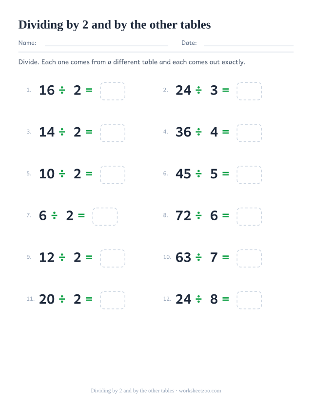 Twelve division equations from several tables, half of them dividing by 2, each ending in an empty box.