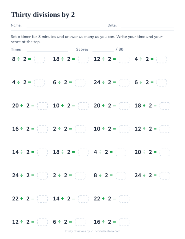 Thirty division equations dividing multiples of 2 by 2, in four columns, with a time and score header.
