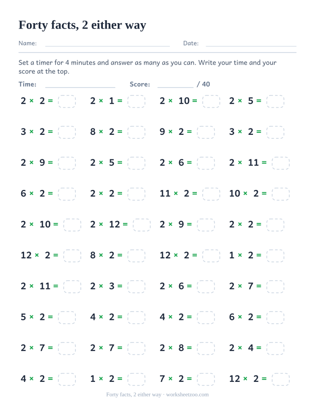 Forty timed equations with 2 as the first factor in some rows and the second in others, in four columns.