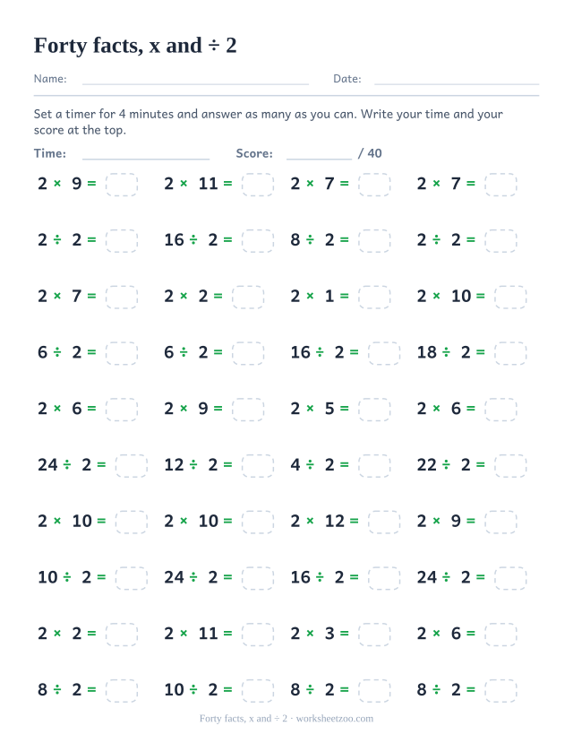 Forty timed items alternating 2 times facts and divisions by 2 down four columns.