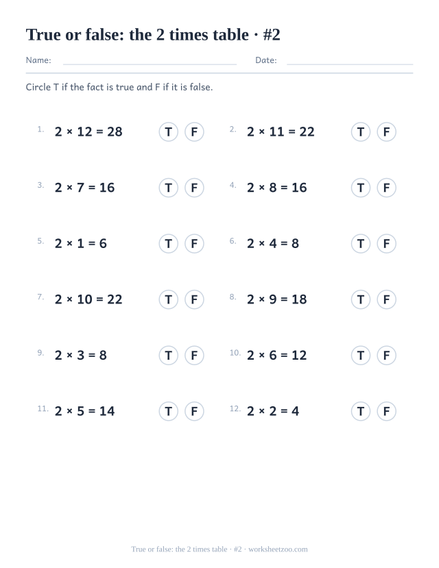 Twelve completed 2 times table statements, each followed by a T circle and an F circle to ring (set 2).