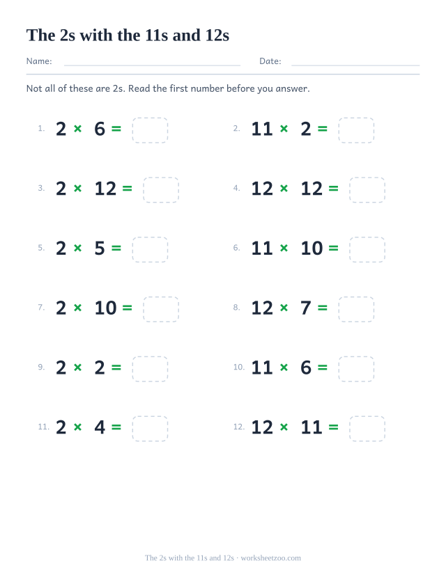Twelve equations mixing the 2, 11 and 12 times tables, several with three-digit answers, each with an empty box.