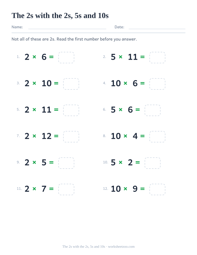 Twelve equations alternating between the 2 times table and the 2, 5 and 10 tables, each with an empty answer box.