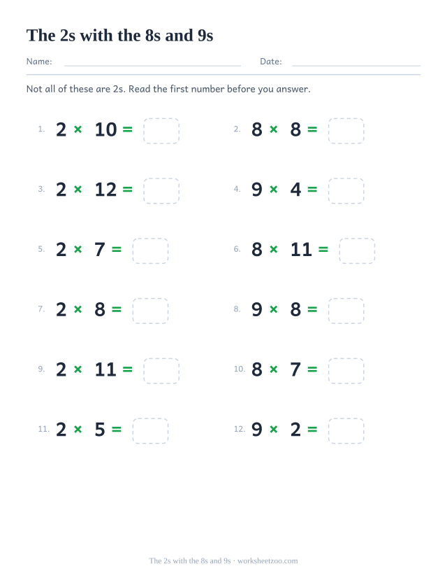 Twelve equations mixing the 2, 8 and 9 times tables, numbered, each ending in an empty box.