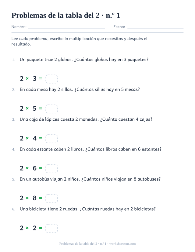 Seis problemas numerados sobre grupos iguales de 2, cada uno seguido de una multiplicación impresa con casilla vacía.
