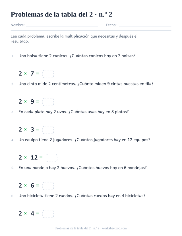 Seis problemas numerados con grupos grandes de 2, cada uno con una multiplicación y una casilla vacía debajo.