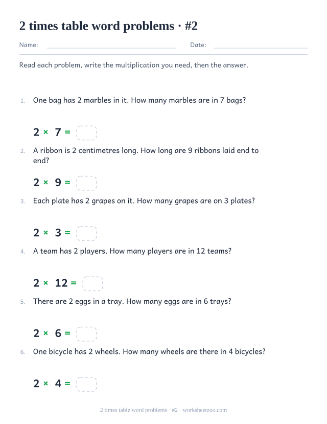 Six numbered word problems with larger groups of 2, each with a multiplication and an empty answer box underneath.