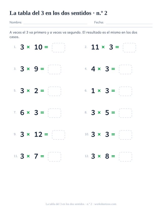 Doce operaciones en las que el 3 unas veces va delante y otras detrás, todas con casilla vacía (juego 2).