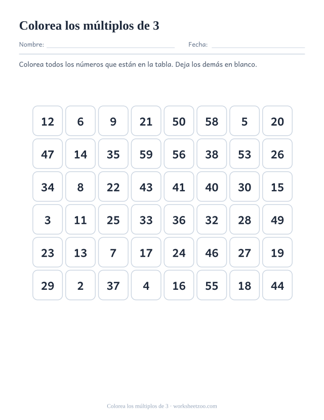 Cuadrícula de cuarenta y ocho números en ocho columnas, de los que doce son múltiplos de 3 y hay que colorear.