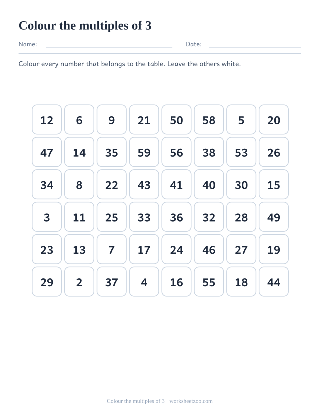 Grid of forty-eight numbers in eight columns, twelve of which are multiples of 3 to be coloured in.