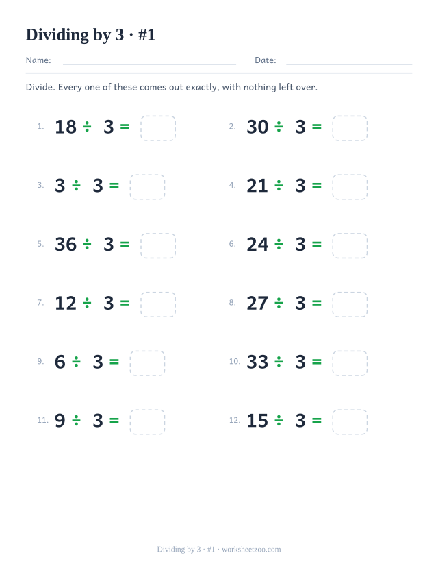 Twelve division equations, each a multiple of 3 divided by 3, ending in an empty answer box (set 1).