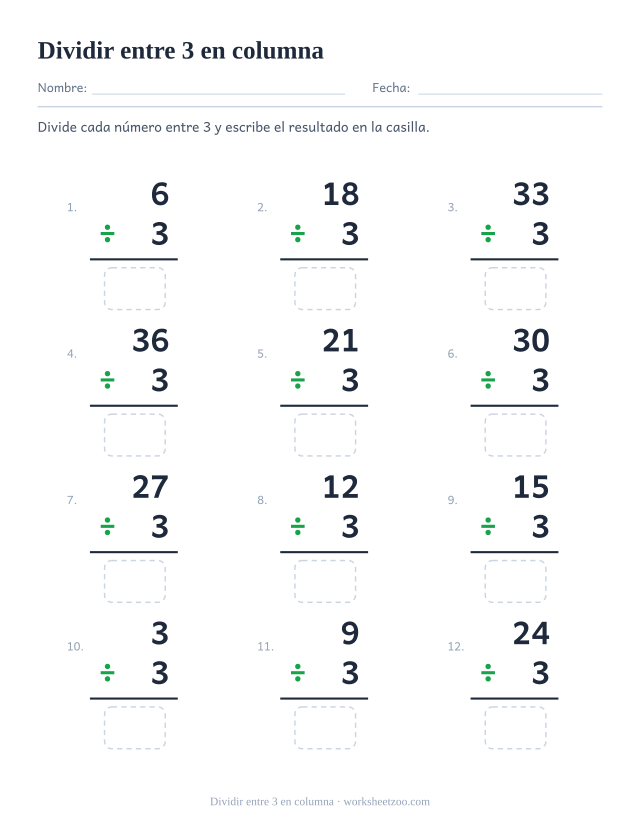 Doce divisiones en vertical en una cuadrícula de tres por cuatro, con un múltiplo de 3 sobre 3 y una casilla bajo la raya.