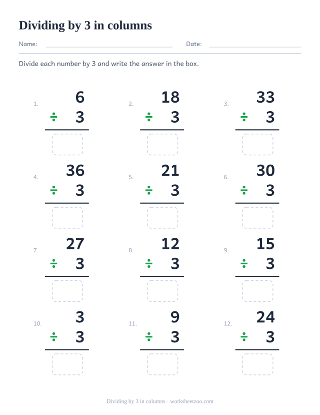 Twelve vertical divisions in a three by four grid, each a multiple of 3 over 3, with an answer box under the rule.