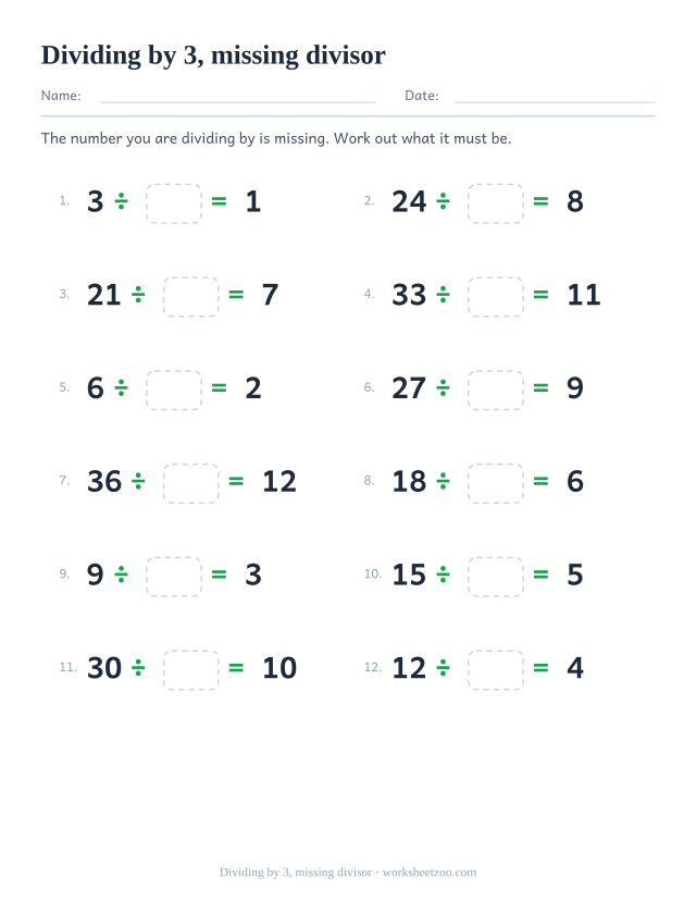 Twelve divisions with an empty box where the divisor should be, between a printed multiple of 3 and a printed answer.