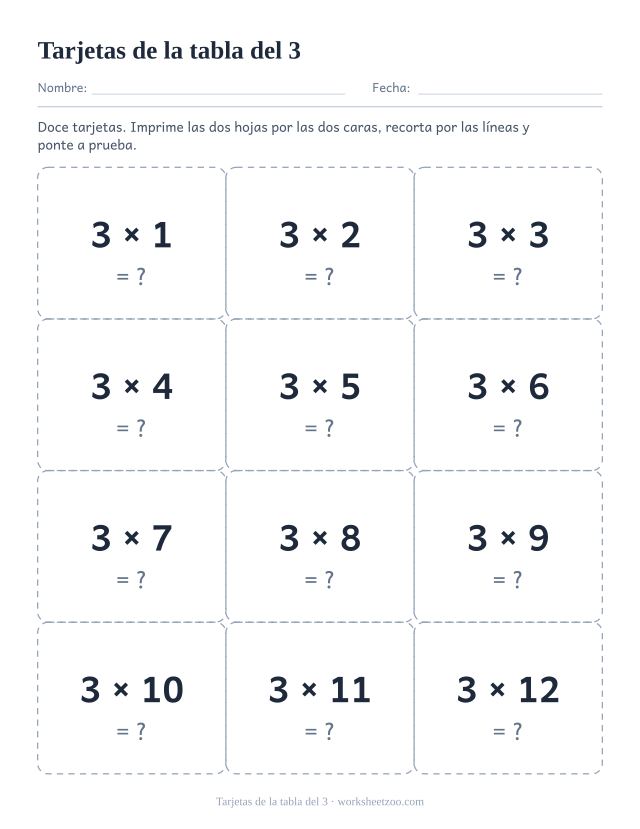 Doce tarjetas punteadas para recortar, tres de ancho y cuatro de alto, cada una con una multiplicación del 3 y un signo de interrogación.