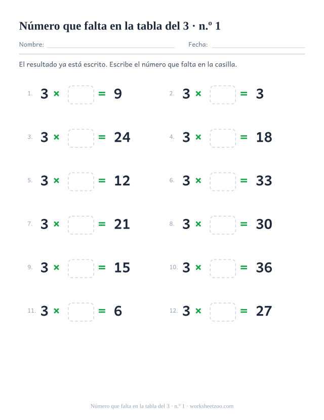 Doce operaciones con 3 x casilla vacía = resultado impreso, en dos columnas de seis (juego 1).