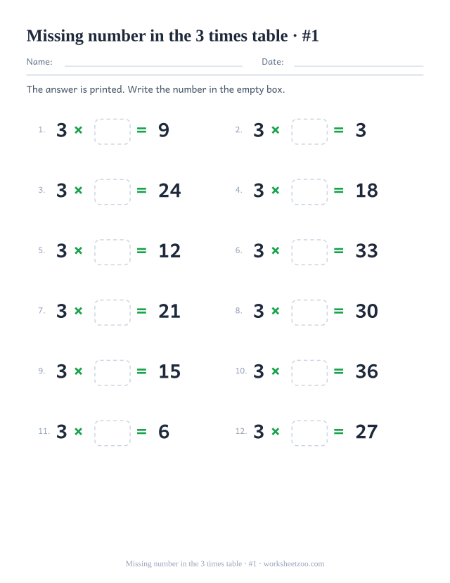 Twelve equations reading 3 x empty box = a printed product, in two columns of six (set 1).