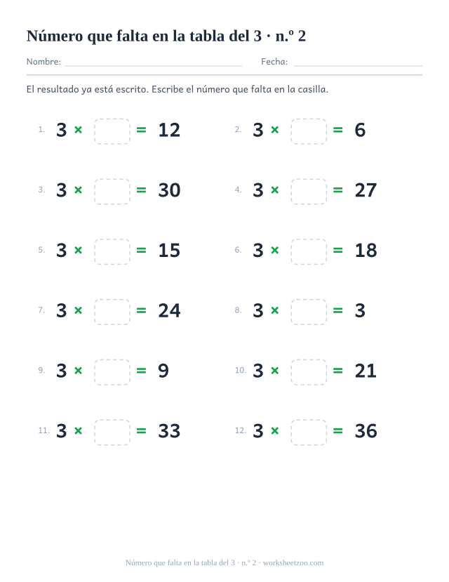 Doce operaciones con 3 x casilla vacía = resultado impreso, en dos columnas de seis (juego 2).