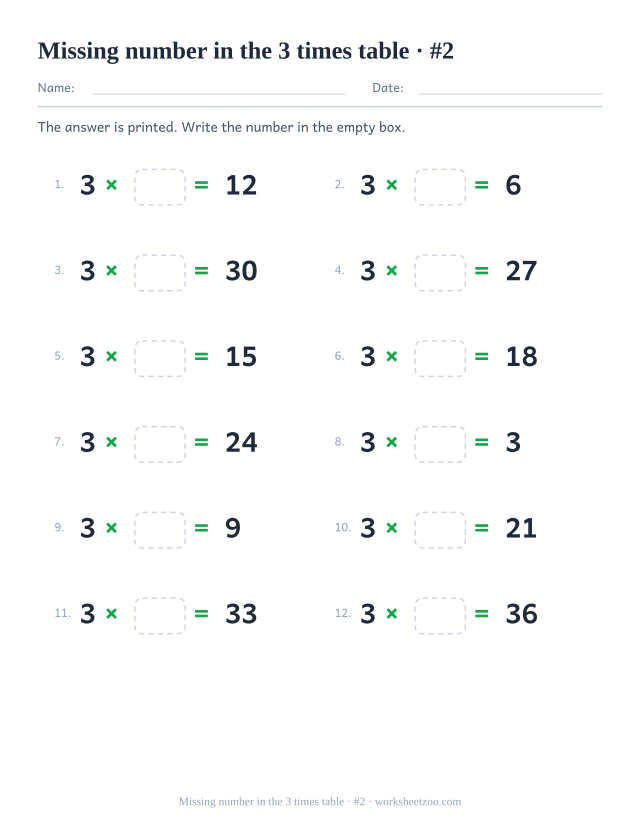 Twelve equations reading 3 x empty box = a printed product, in two columns of six (set 2).