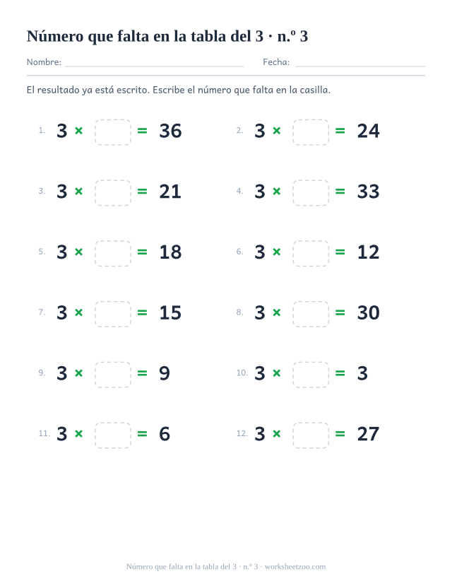 Doce operaciones con 3 x casilla vacía = resultado impreso, en dos columnas de seis (juego 3).
