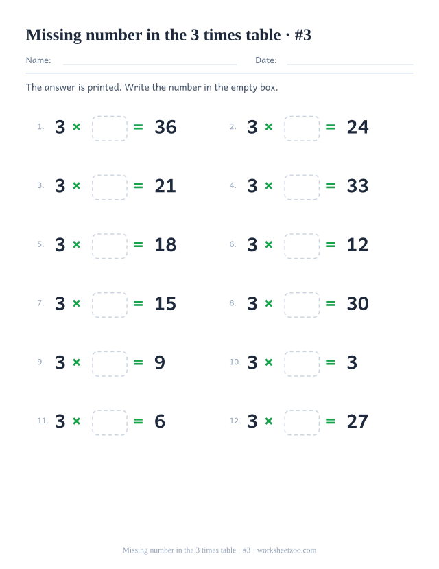 Twelve equations reading 3 x empty box = a printed product, in two columns of six (set 3).