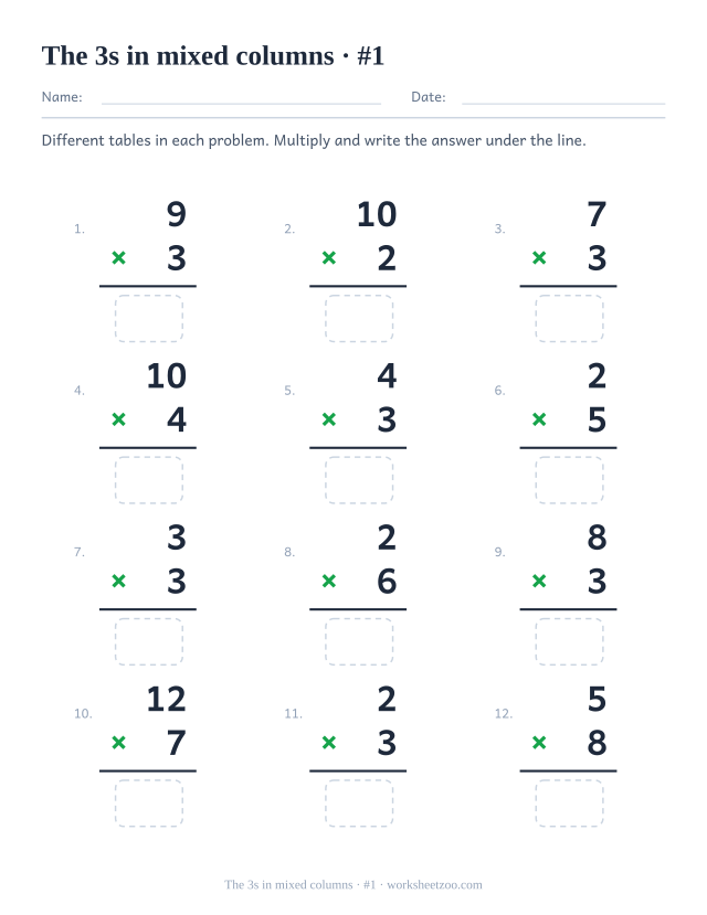 Twelve vertical multiplications from mixed tables, half featuring 3, each with a rule and an empty answer box (set 1).