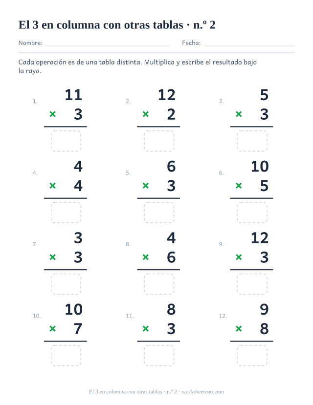 Doce multiplicaciones en vertical de tablas mezcladas, la mitad con el 3, cada una con raya y casilla vacía (juego 2).