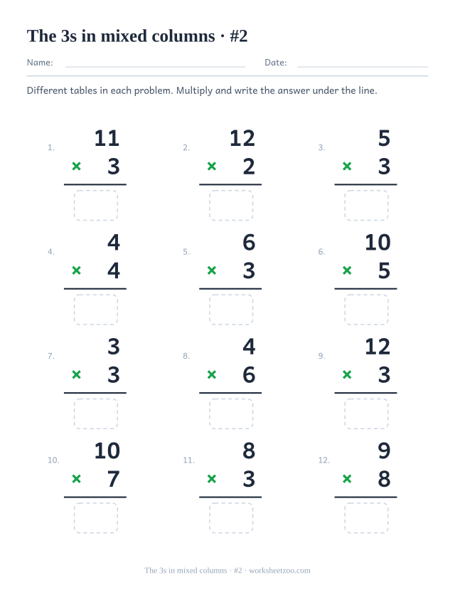 Twelve vertical multiplications from mixed tables, half featuring 3, each with a rule and an empty answer box (set 2).