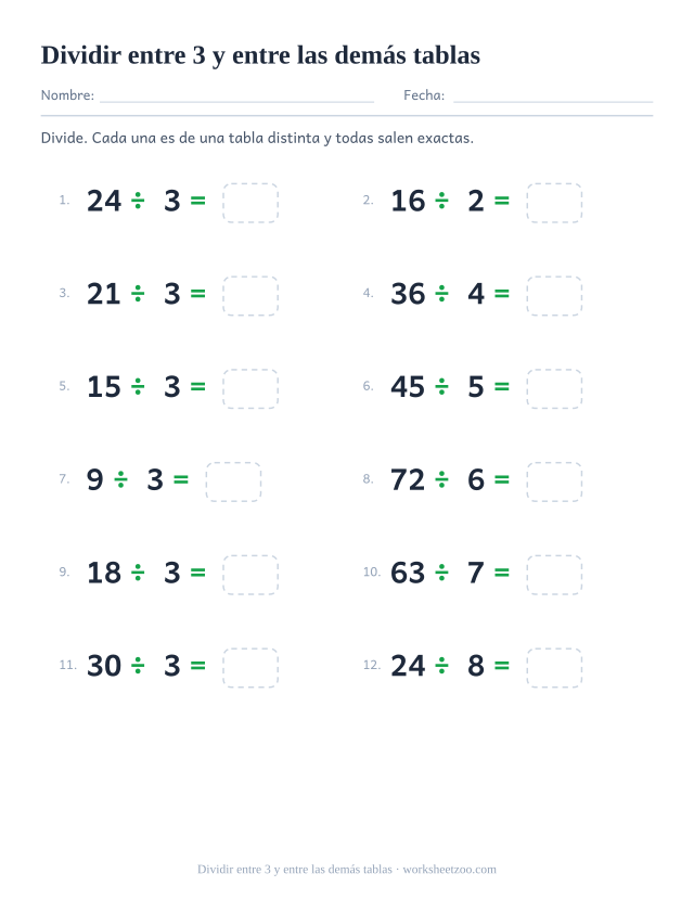 Doce divisiones de varias tablas, la mitad entre 3, cada una con una casilla vacía al final.