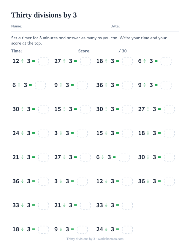 Thirty division equations dividing multiples of 3 by 3, in four columns, with a time and score header.