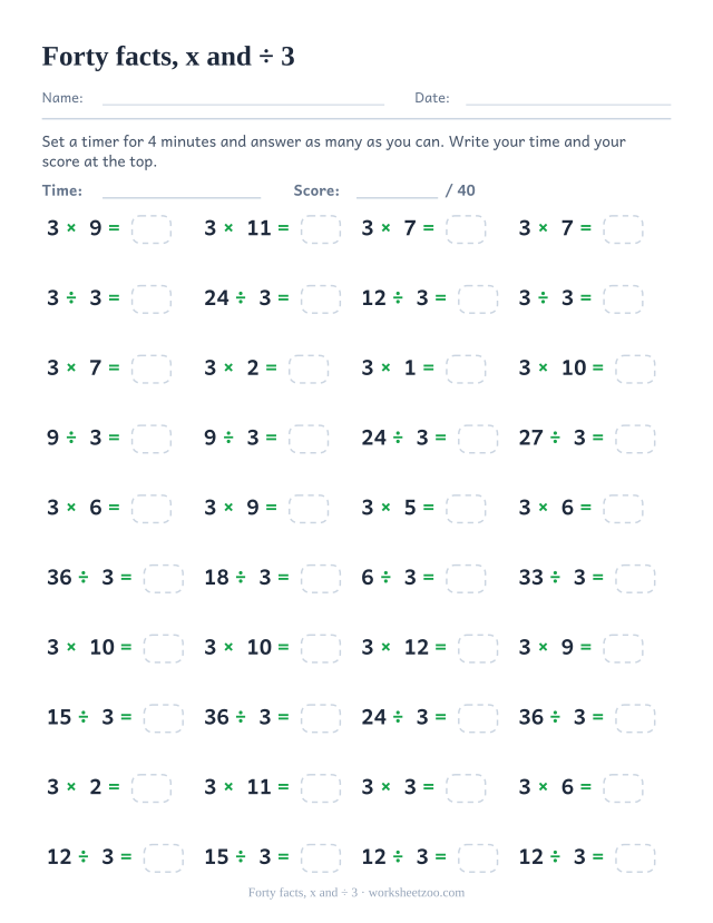 Forty timed items alternating 3 times facts and divisions by 3 down four columns.