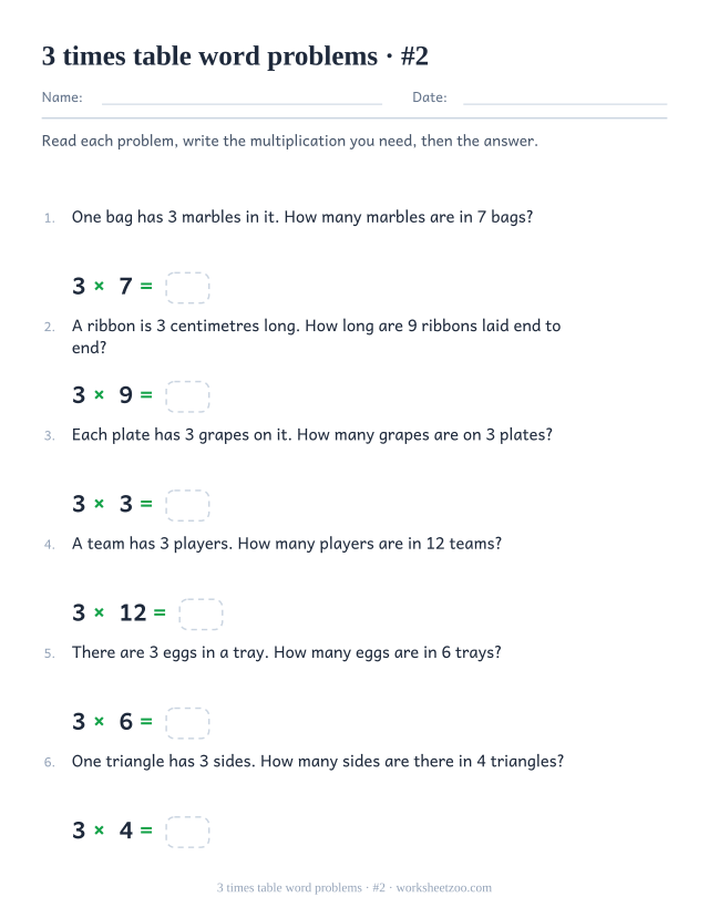 Six numbered word problems with larger groups of 3, each with a multiplication and an empty answer box underneath.