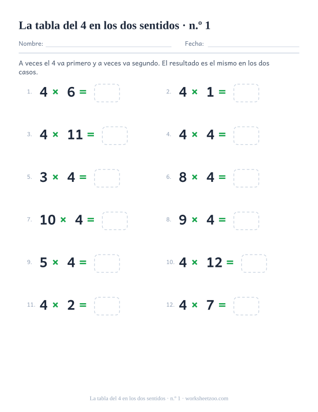 Doce operaciones en las que el 4 unas veces va delante y otras detrás, todas con casilla vacía (juego 1).