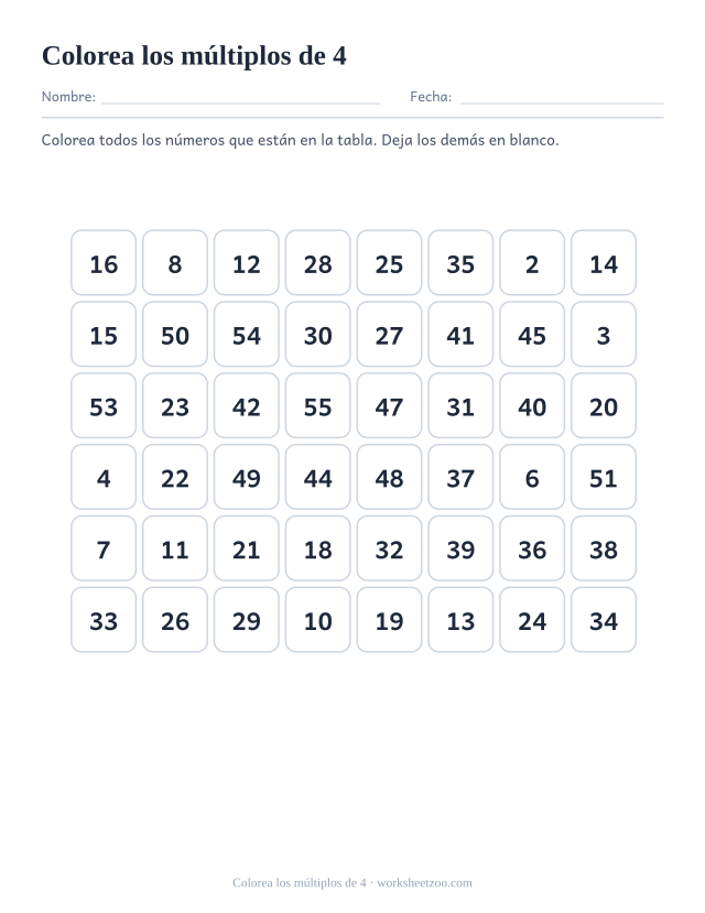 Cuadrícula de cuarenta y ocho números en ocho columnas, de los que doce son múltiplos de 4 y hay que colorear.